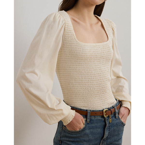 Mascarpone Cream Smocked Jersey Blouson-Sleeve Top Lauren 6