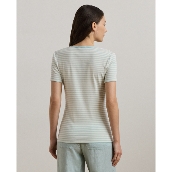 Aqua Pearl/Cream Striped Stretch Cotton Crewneck Tee Lauren 5