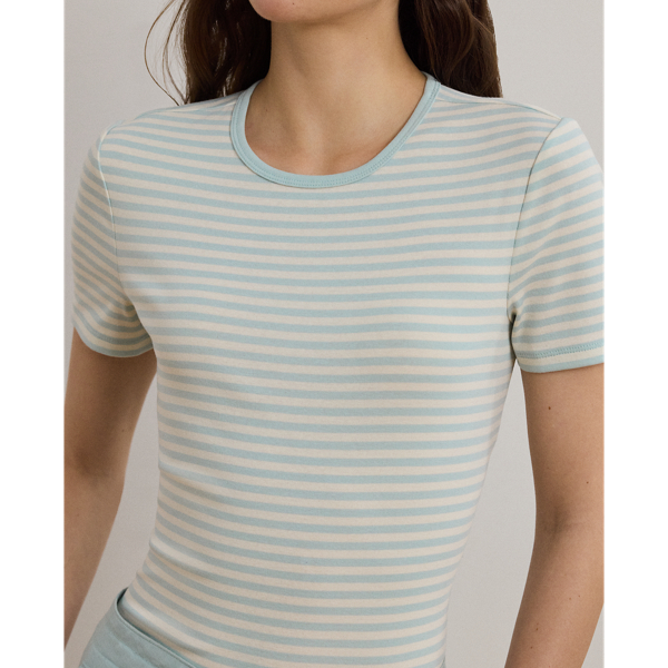 Aqua Pearl/Cream Striped Stretch Cotton Crewneck Tee Lauren 6