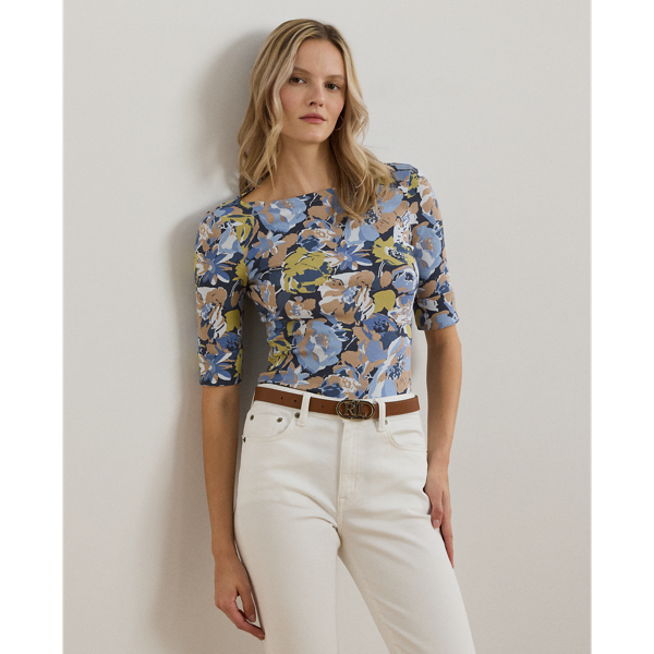 T-shirt encolure bateau fleuri en coton