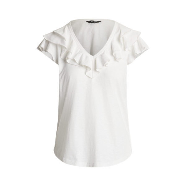 ローレン ラルフ ローレン LAUREN RALPH LAUREN フリルトリム ジャージー フラッタースリーブ Tシャツ （100ホワイト） フリルトリム ジャージー フラッタースリーブ Tシャツ | ラルフ