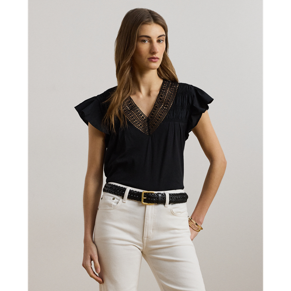 売れ筋商品|||ラルフローレン カットソー トップス レディース Women's Lace-Trim Jersey Flutter-Sleeve Tee Black Lace-Trim Jersey Flutter-Sleeve Tee