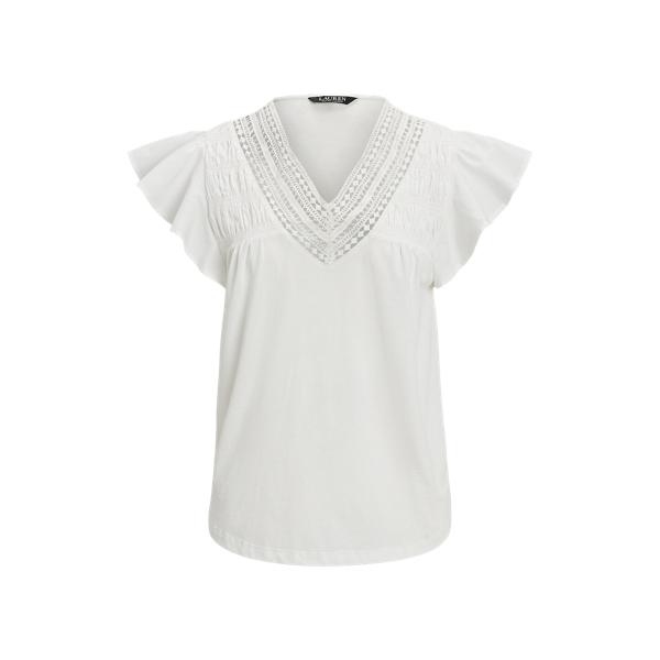 ラルフ・ローレン Lauren Ralph Lauren Lace-trim Jersey Flutter-sleeve Tee レディース シャツ Lace-Trim Jersey Flutter-Sleeve T-Shirt for Women | Ralph