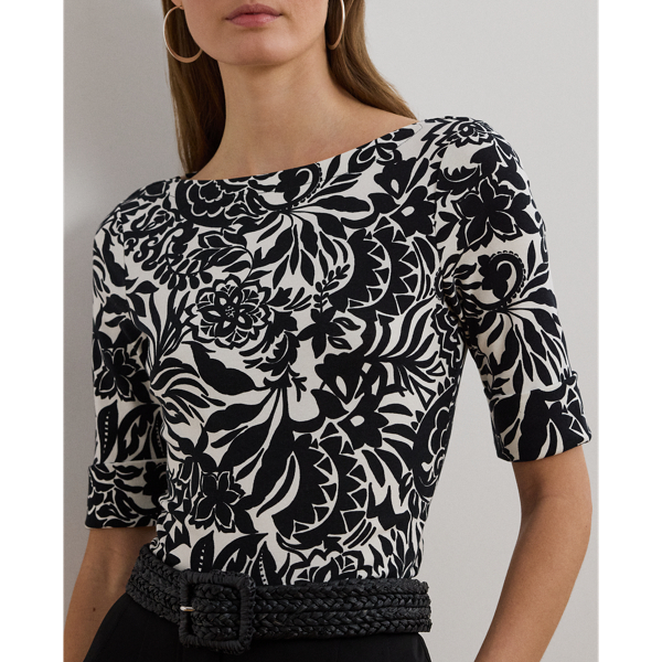 売れ筋商品|||ラルフローレン カットソー トップス レディース Women's Belting-Print Cotton-Blend Boatneck Tee Black/Tan Belting-Print Cotton-Blend Boatneck Tee for Women | Ralph