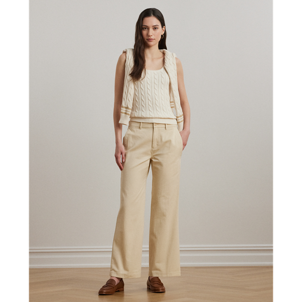 Ivory Beige Baumwolltwillhose mit weitem Bein Lauren 1