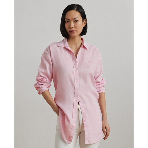 Hint Of Pink Oversize Floral-Logo Linen Shirt Lauren 1