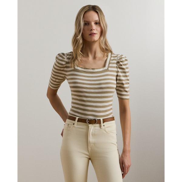 ラルフ・ローレン Lauren Ralph Lauren Striped Cotton Jersey Puff-Sleeve Tee レディース シャ Striped Cotton Jersey Puff-Sleeve Tee