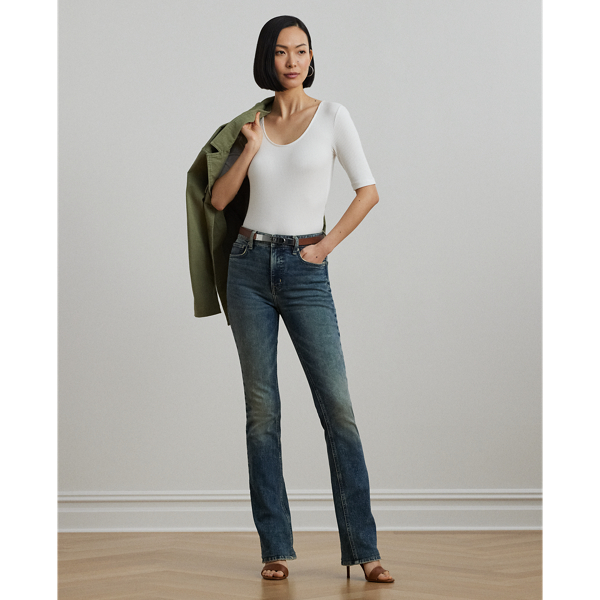 ローレン ラルフ ローレン LAUREN RALPH LAUREN リブニット コットンブレンド エルボースリーブ Tシャツ （400ブルー） ローレン ラルフ ローレン LAUREN RALPH LAUREN リブニット