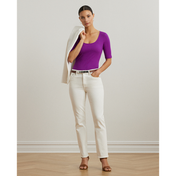売れ筋商品|||ラルフローレン カットソー トップス レディース Women's Rib-Knit Cotton-Blend Elbow-Sleeve Tee White Lauren Ralph Lauren Cotton Blend Rib-Knit Scoop Neck Elbow