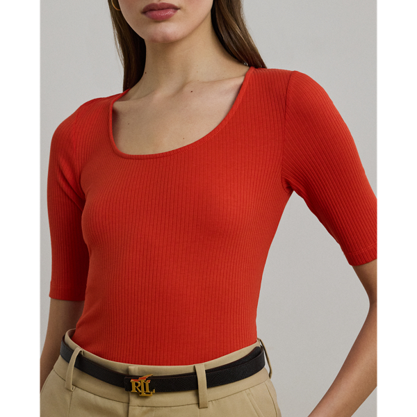 リブニット コットンブレンド エルボースリーブ Tシャツ