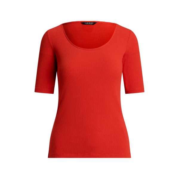 売れ筋商品|||ラルフローレン Tシャツ レディース トップス Rib Knit Cotton Blend Elbow Sleeve Tee - Basic T-shirt - bright vermilion Rib-Knit Cotton-Blend Elbow-Sleeve Tee for Women | Ralph