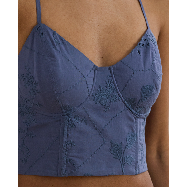 売れ筋商品|||ラルフローレン カットソー トップス レディース Women's Floral-Embroidered Voile Cropped Bustier Capri Blue Floral-Embroidered Voile Cropped Bustier