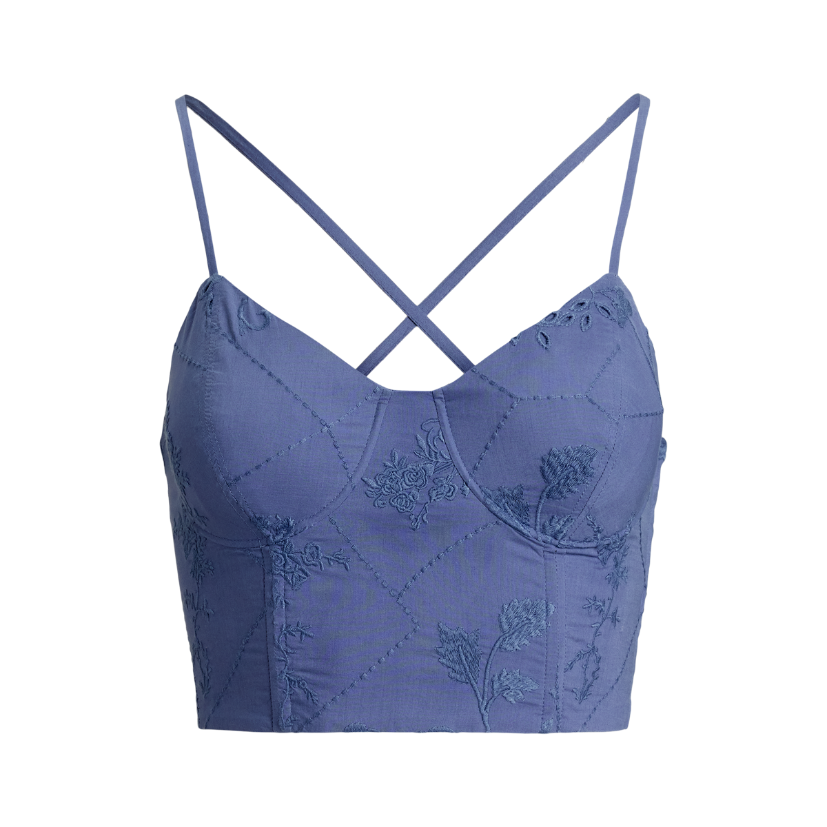 売れ筋商品|||ラルフローレン カットソー トップス レディース Women's Floral-Embroidered Voile Cropped Bustier Capri Blue Floral-Embroidered Voile Cropped Bustier