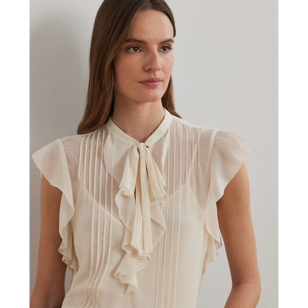 Pintucked Georgette Tie-Neck Blouse