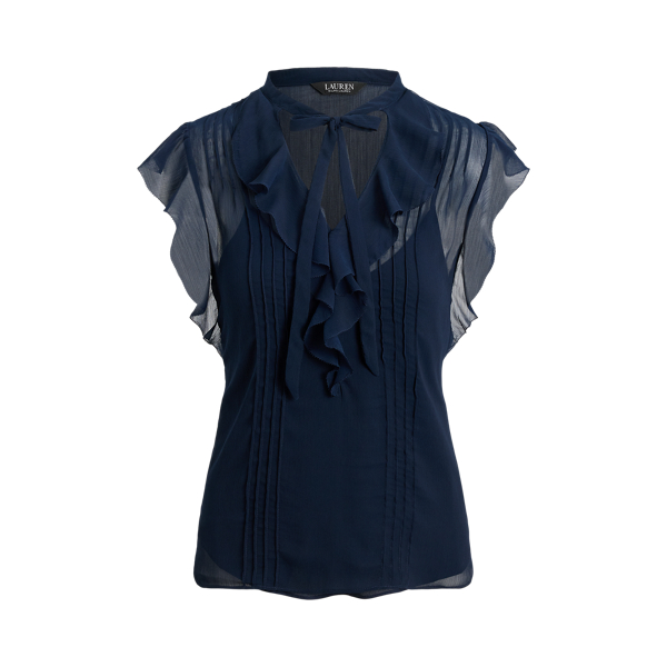 Pintucked Tie-Neck Georgette Blouse Lauren 1