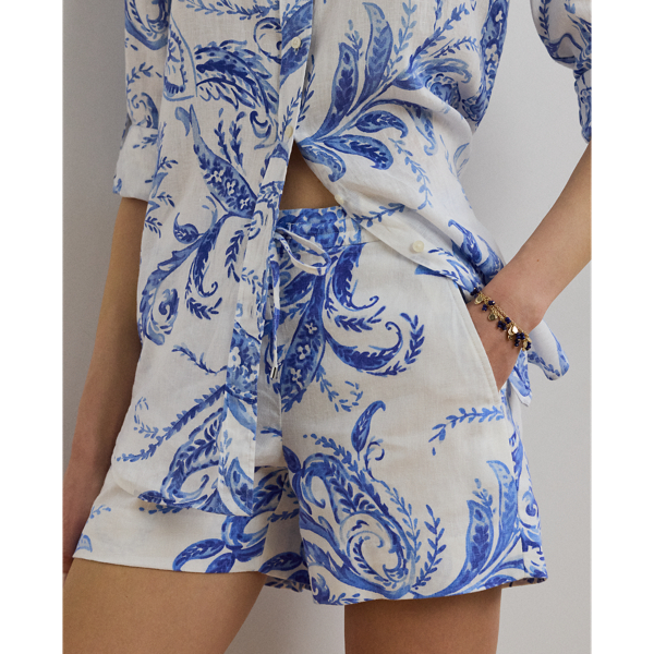 Short ajustable en lin &agrave; motif cachemire Lauren en Blanc/Bleu 6