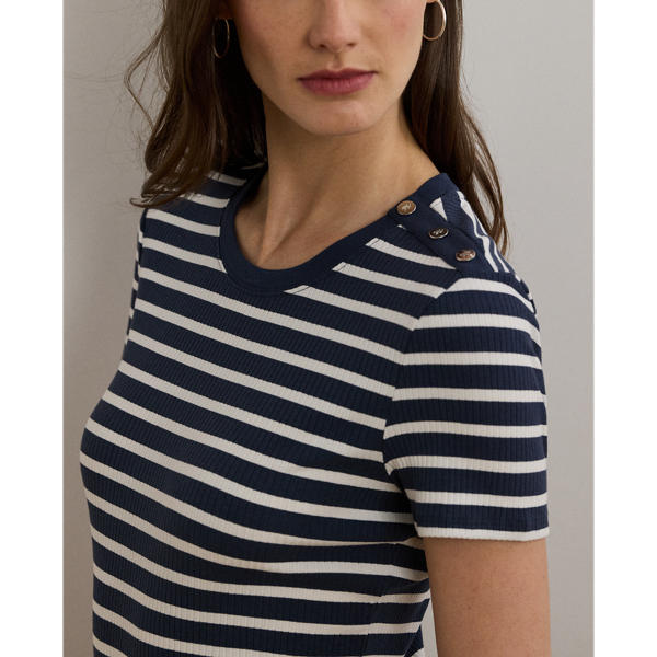 LAUREN RALPH LAUREN / ローレン ラルフ ローレン ストライプド ボタントリム リブニット Tシャツ ストライプド ボタントリム リブニット Tシャツ | ラルフ