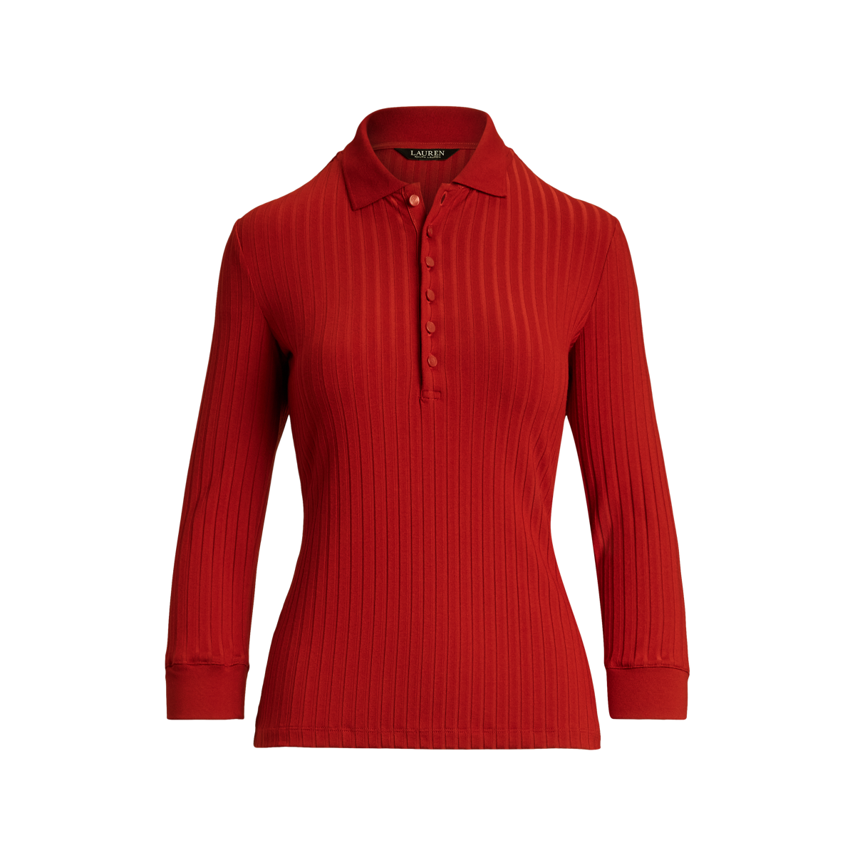 Rib-Knit Three-Quarter-Sleeve Polo Shirt