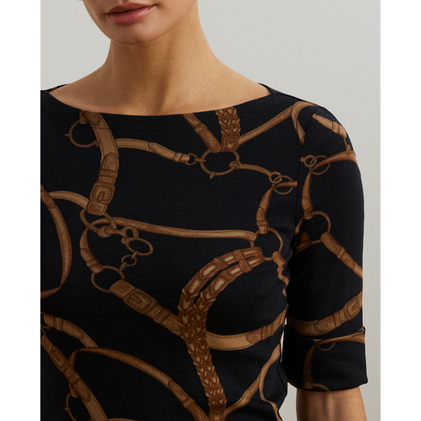 売れ筋商品|||ラルフローレン カットソー トップス レディース Women's Belting-Print Cotton-Blend Boatneck Tee Black/Tan Belting-Print Cotton-Blend Boatneck Tee for Women | Ralph
