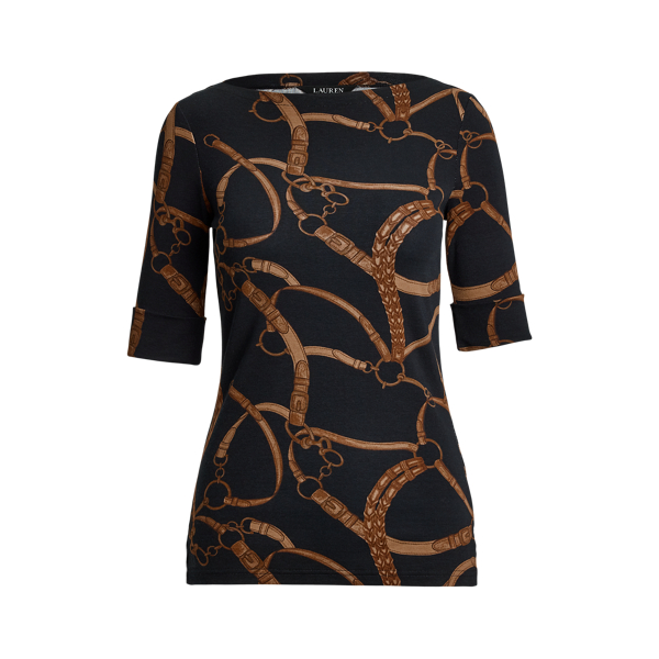 売れ筋商品|||ラルフローレン カットソー トップス レディース Women's Belting-Print Cotton-Blend Boatneck Tee Black/Tan Belting-Print Cotton-Blend Boatneck Tee for Women | Ralph