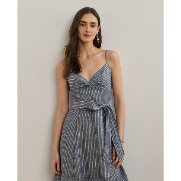 Ralph Lauren★Striped Belted Linen Sleeveless Dress Striped Belted Linen Sleeveless Dress