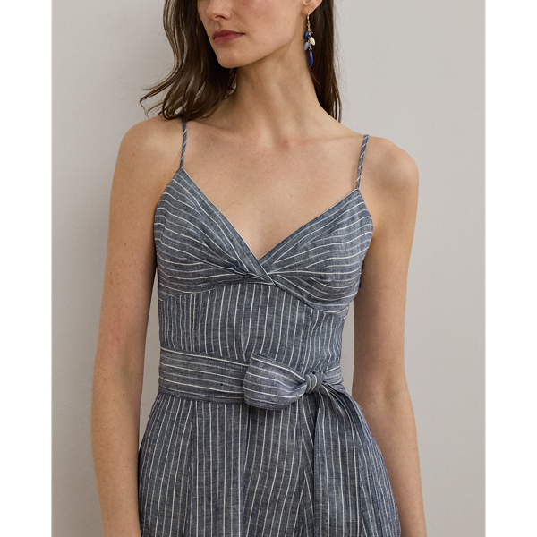 Ralph Lauren★Striped Belted Linen Sleeveless Dress Striped Belted Linen Sleeveless Dress