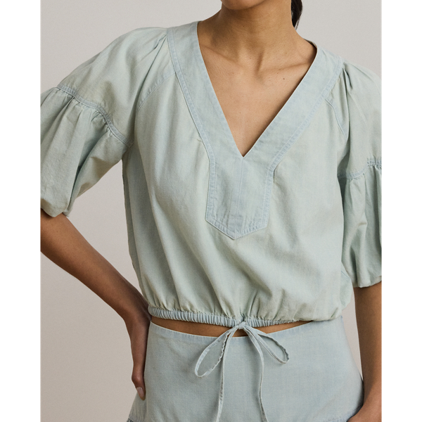 売れ筋商品|||ラルフローレン カットソー トップス レディース Women's Chambray Cropped Bubble-Sleeve Blouse Chambray Wash Chambray Cropped Bubble-Sleeve Blouse for Women | Ralph