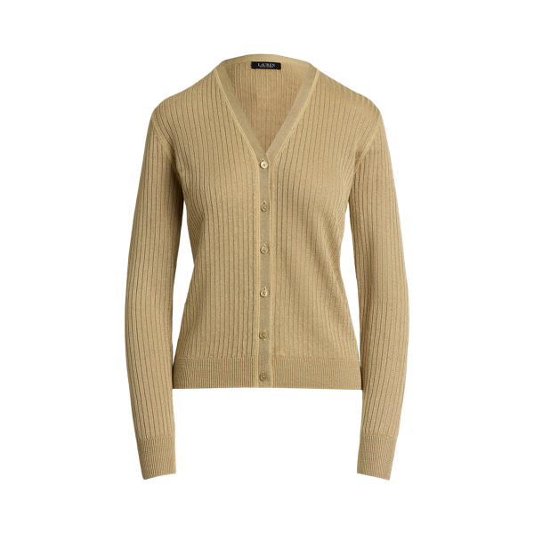 RALPH LAUREN ニットカーディガン リネン 100% Vネック リブニット リネンブレンド Vネック カーディガン｜ローレン