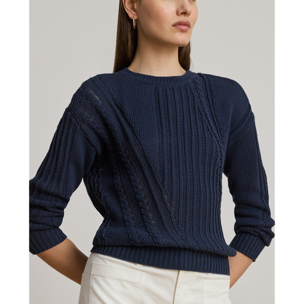 Pointelle-Knit Cotton Crewneck Sweater