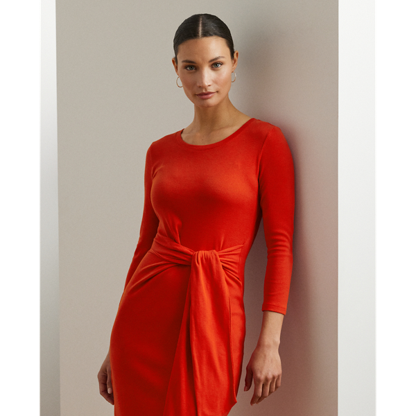 Robe col rond devant lacé coton mélangé Lauren en Vermillon vif 4