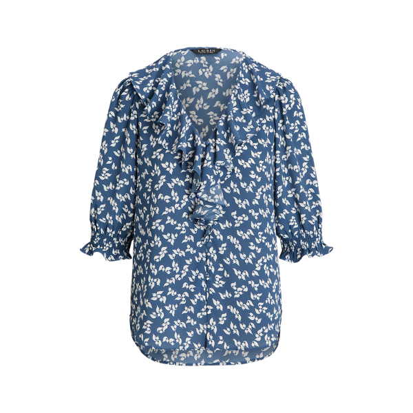 Floral Bubble Crepe Ruffle-Trim Blouse