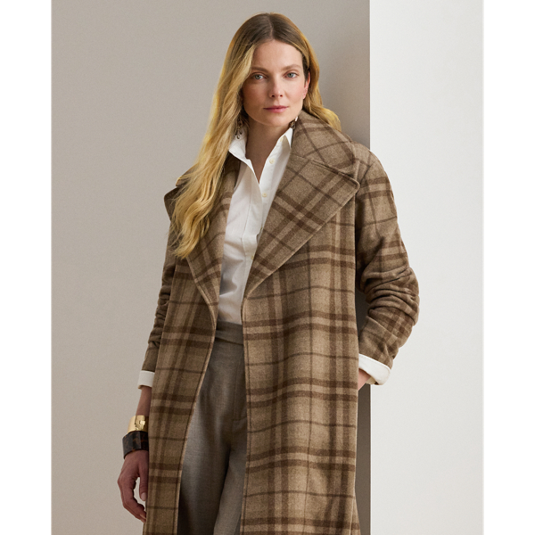 Plaid Wool-Blend Twill Wrap Coat