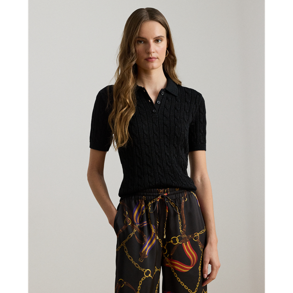 Metallic Cable-Knit Polo Sweater