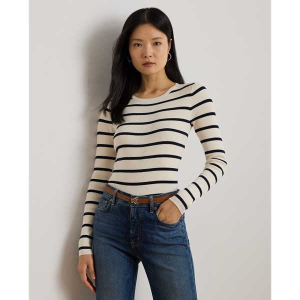 Striped Rib-Knit Crewneck Sweater