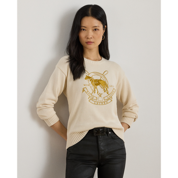 s ビンテージ ラルフローレン ワイドリブ編 コットンニット M ベージュ エンブロイダリー コットン クルーネック セーター | ラルフ ローレン