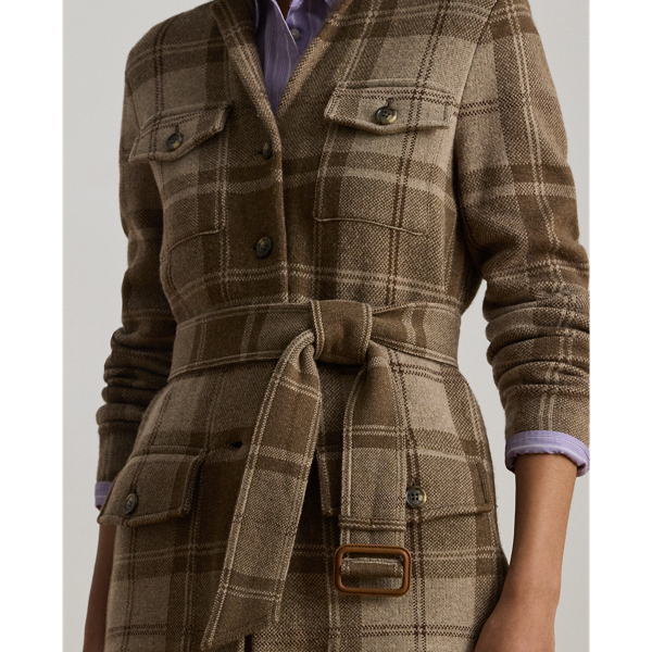 Plaid Belted Double-Knit Blazer
