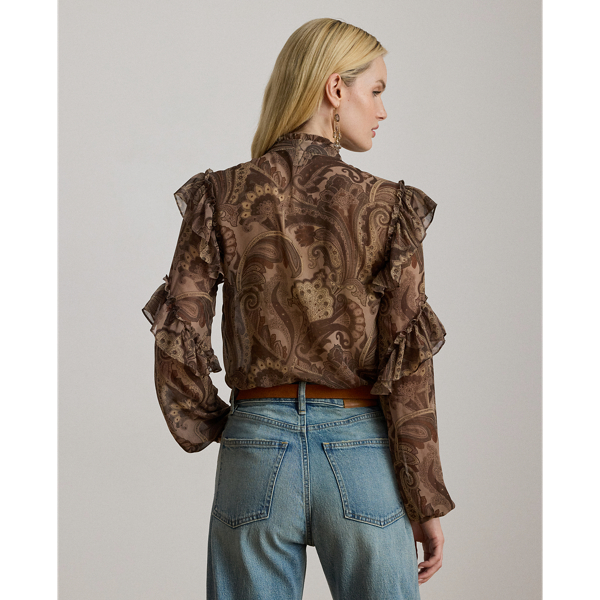 Paisley Ruffle-Trim Chiffon Blouse