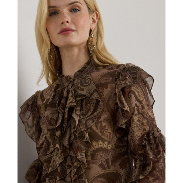Paisley Ruffle-Trim Chiffon Blouse