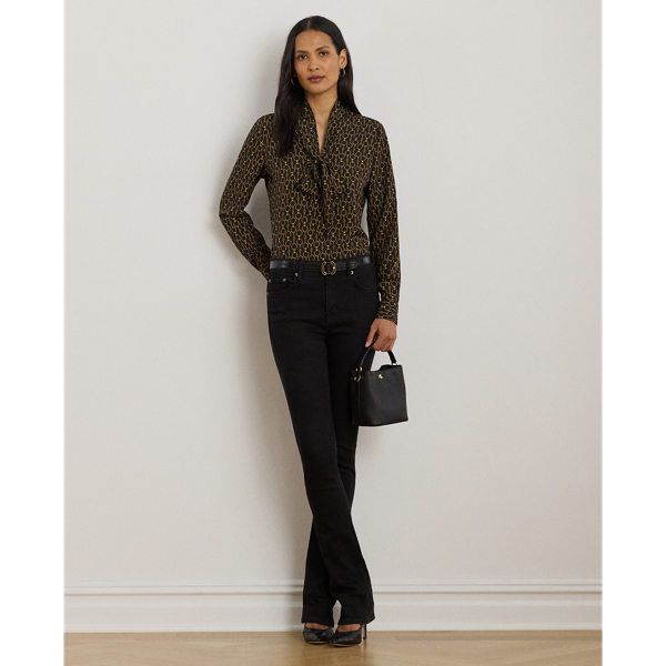 Black Multi Chain-Print Crepe Tie-Neck Blouse Lauren 4