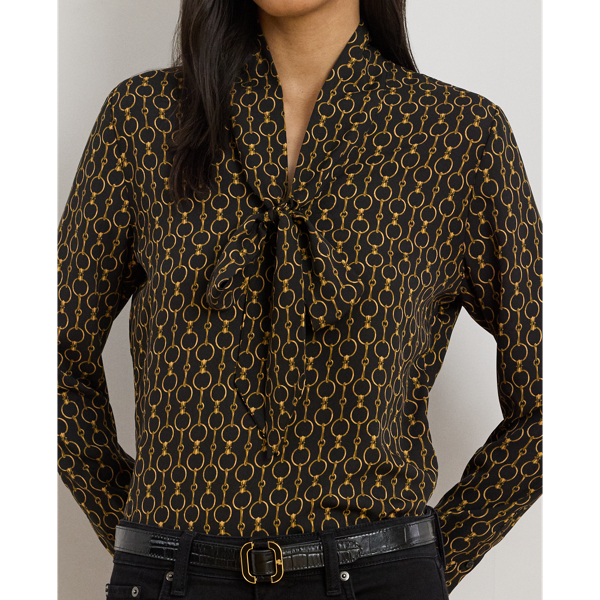 Black Multi Chain-Print Crepe Tie-Neck Blouse Lauren 6