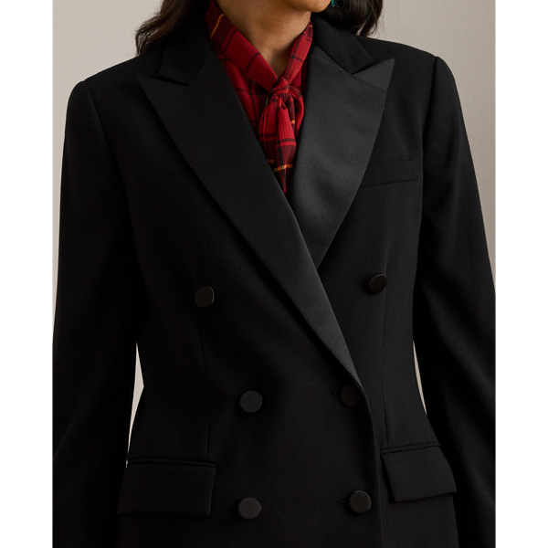Double-Breasted Satin-Trim Crepe Blazer