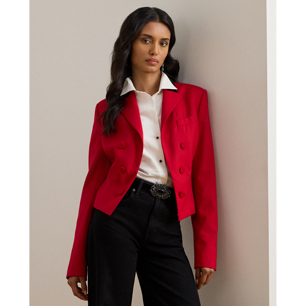 Velvet-Trim Wool Twill Cropped Blazer