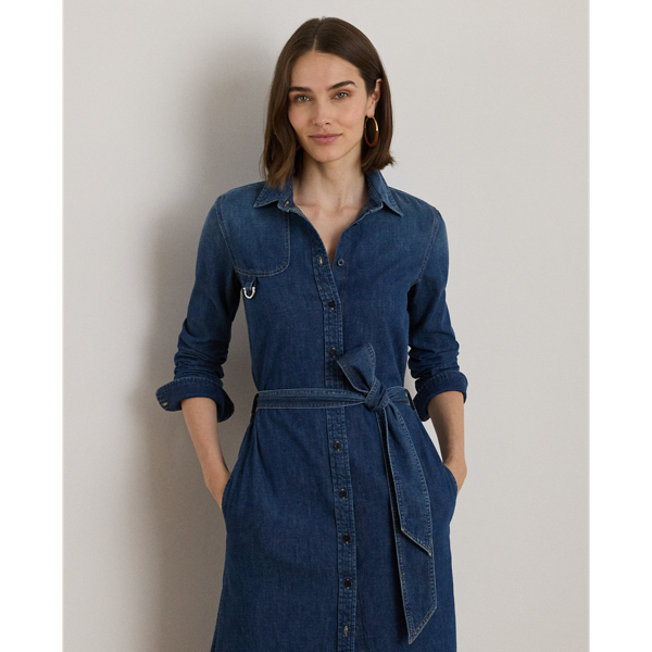 Horsebit-Trim Belted Denim Shirtdress