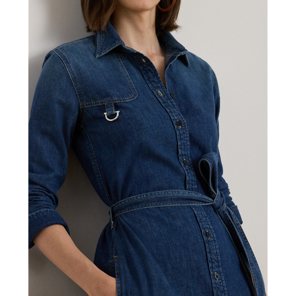 Horsebit-Trim Belted Denim Shirtdress