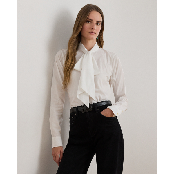 Bow-Trim Cotton Broadcloth Shirt