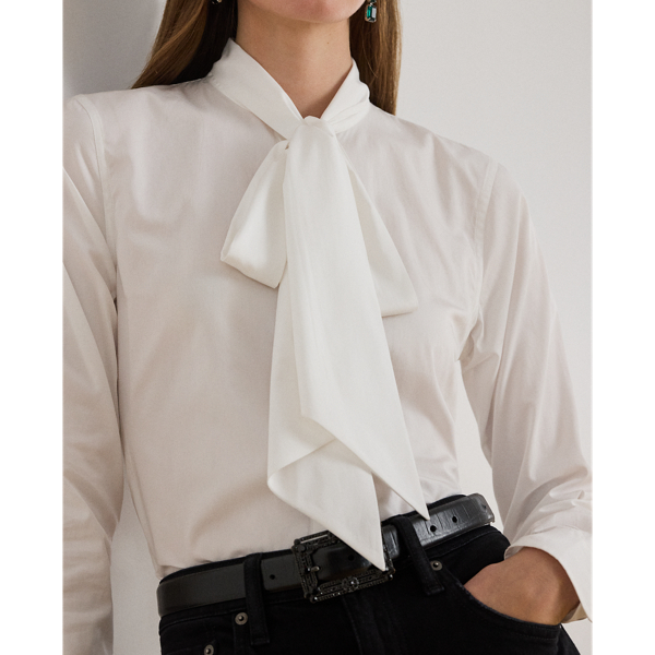 Bow-Trim Cotton Broadcloth Shirt