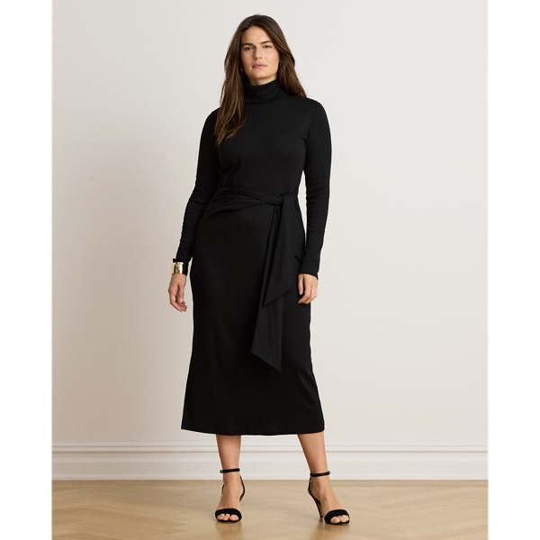 Black Tie-Front Cotton-Blend Turtleneck Dress Lauren 8
