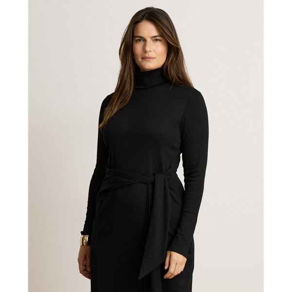 Black Tie-Front Cotton-Blend Turtleneck Dress Lauren 9