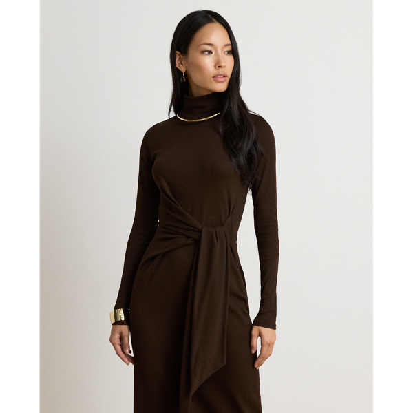 Tie-Front Cotton-Blend Turtleneck Dress