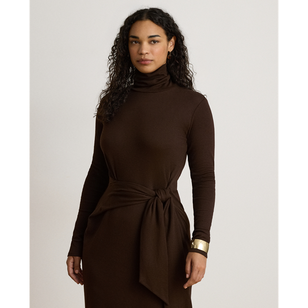 Tie-Front Cotton-Blend Turtleneck Dress